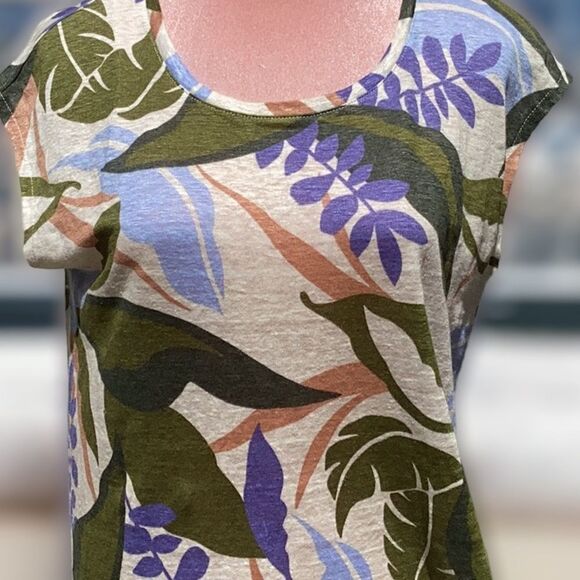 C&C CALIFORNIA 100% LINEN TOP BLOUSE TROPICAL FLORAL PRINT BUTTON UP THE BACK SM - Picture 2 of 8